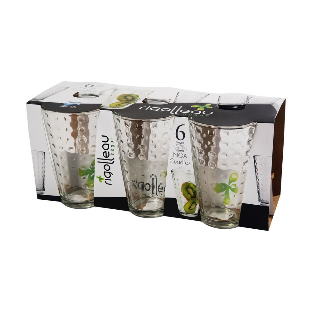 PACK DE 6 VASOS DE VIDRIO TRANSPARENTE RIGOLLEAU TRAGO LARGO 400 ML NOA CUADROS hiperlibertad