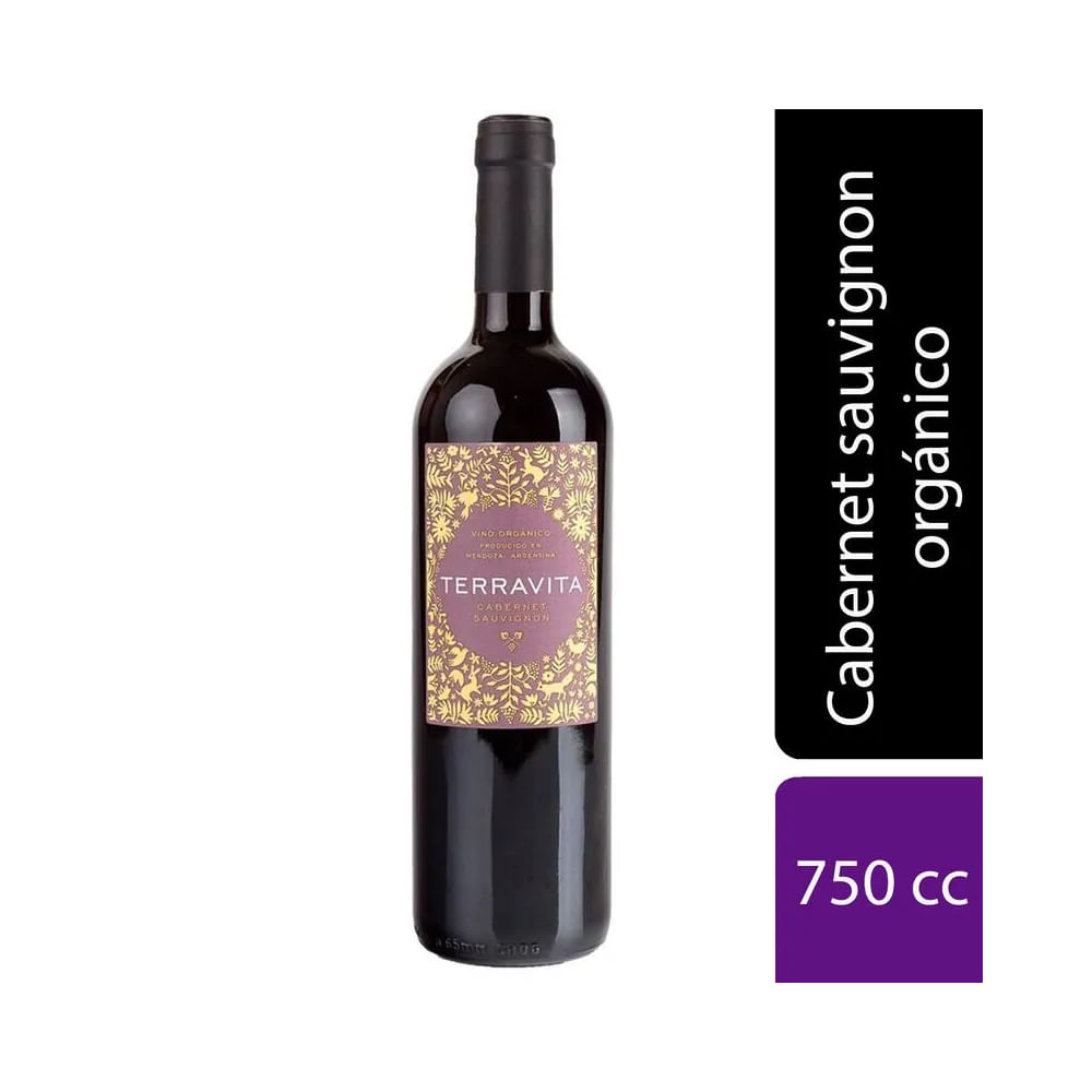 Vino tinto orgánico Cabernet Sauvignon Terravita 750 ml